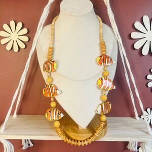 Vintage Coconut‎ Wood Clown Fish Beaded Necklace Orange Multicolor Tropical